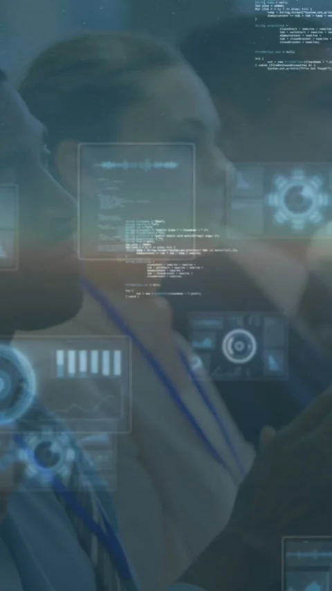 Animation of diverse data on digital screen over diverse businesspeople clapping Stock Footage 342914956