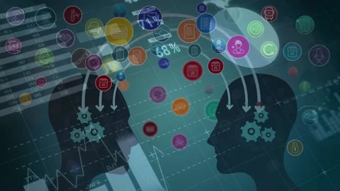 Animation of diverse data, gears and hea... | Stock Video | Pond5