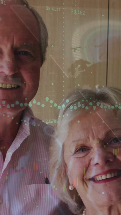 Animation of diverse data over caucasian senior couple smiling at camera Stock Footage 344706633