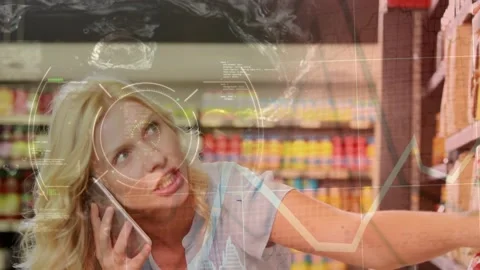 Animation of diverse data over happy caucasian woman using smartphone and 스톡 동영상 330478248