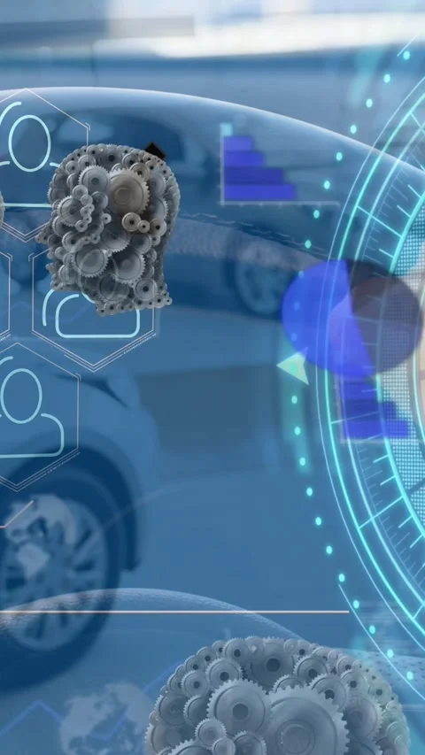 Animation of diverse data, processing circle and gears over cars 스톡 동영상 344636835