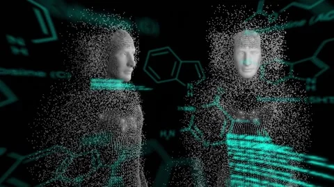 Animation of diverse data processing over human models on black digital Stock Footage 327847006