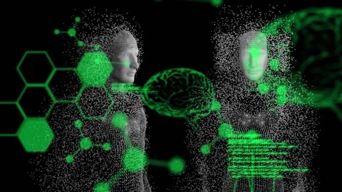 Animation of diverse data processing over human models on black digital Stock Footage 328009443