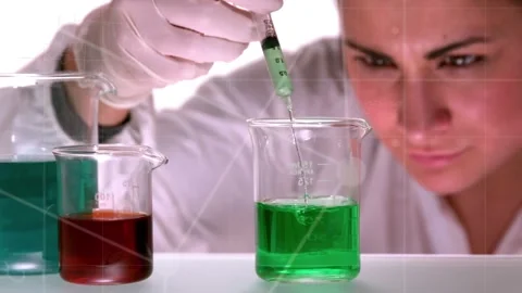 Animation of diverse data processing over female lab worker pouring reagent into Stock Footage 330255145