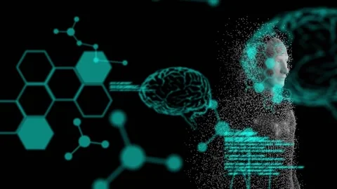 Animation of diverse data processing over human models on black digital Stock Footage 330657599