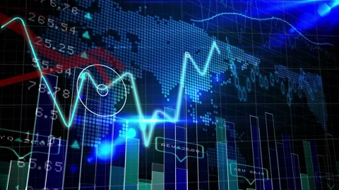 Animation of diverse financial data and graph over world map on blue screen Video stock 172222221