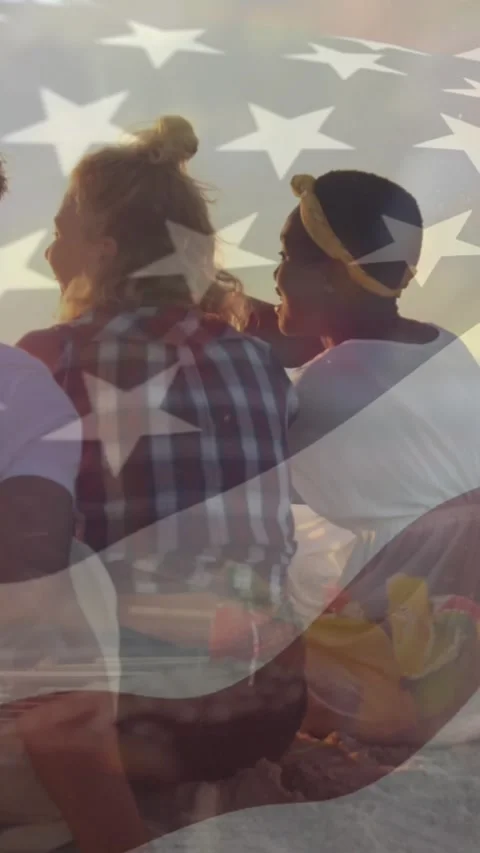 Animation of diverse friends at beach over flag of usa Stock Footage 344636250