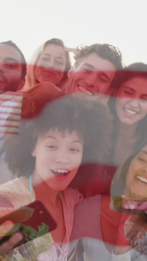 Animation of diverse friends at beach over flag of usa Stock Footage 344678852