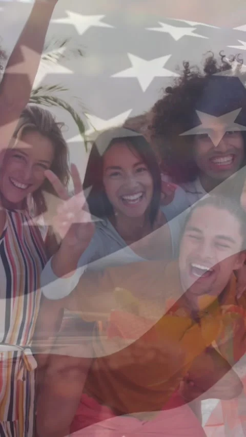 Animation of diverse friends at beach over flag of usa Stock Footage 344693454
