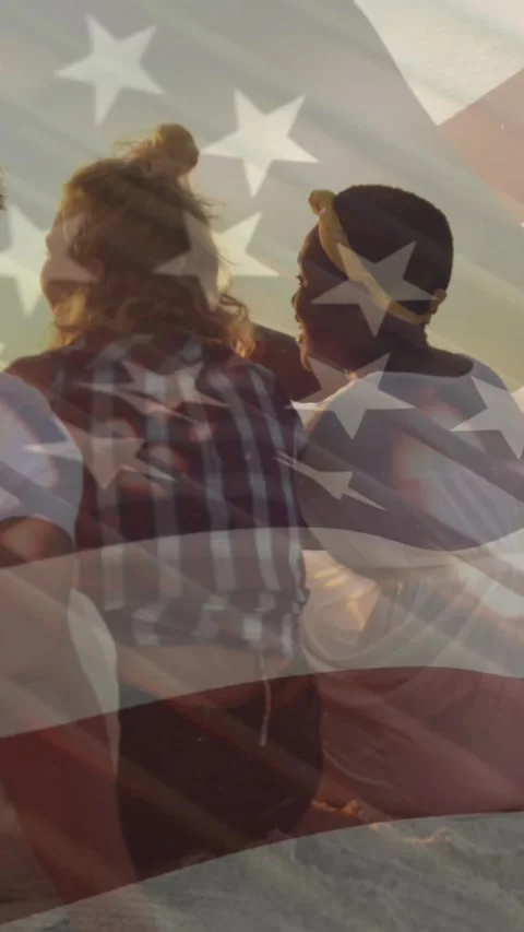 Animation of diverse friends at beach over flag of usa Stock Footage 344723051
