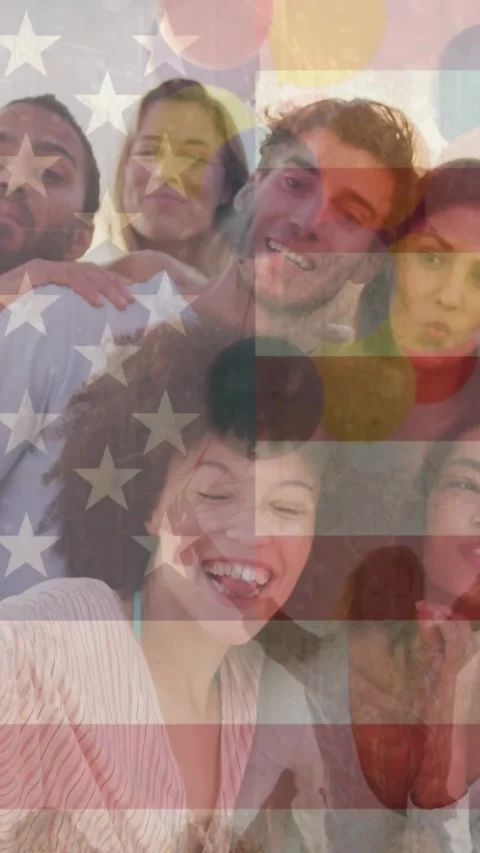 Animation of diverse friends at beach taking selfie over flag of usa Stock Footage 344706362