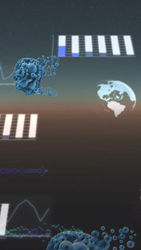 Animation of diverse graphs, globes and gears over grey and brown background Stock Footage 344775191