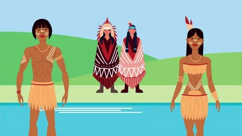 Animation of diverse indigenous characters standing by river landscape with.. Video stock 338312250