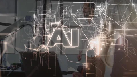 Animation of diverse professionals collaborating on AI technology in modern Stock Footage 303608998