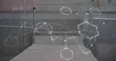 Animation of dna and data processing over empty hospital bed Stock Footage 247259575