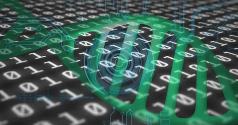 Animation of dna, binary codes with hud processing on digital interface Stock Footage 316217565