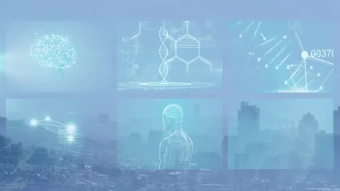 Animation of DNA, brain, and human anatomy over cityscape background 库存影片 304952818