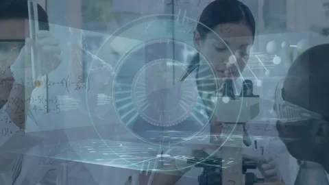 Animation of dna, data processing and scope over diverse scientists in Stock Footage 330247699