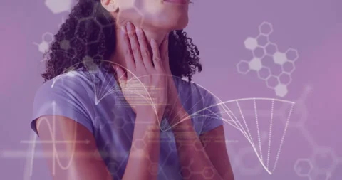 Animation of dna, elements and medical data over sick biracial woman feeling Stock Footage 268069294