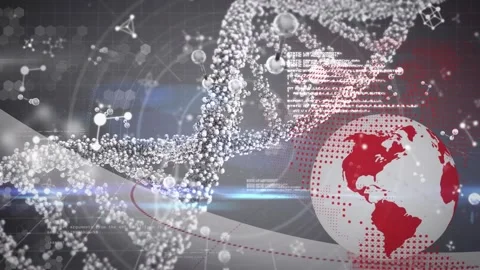 Animation of dna, globe, molecules and data processing on grey background Stock Footage 327585791