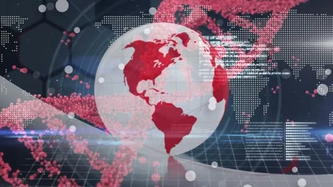 Animation of dna, globe, world map and data processing on grey background Stock Footage 330731681