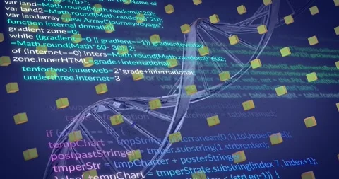 Animation of dna helix and computer language over 3d cubes on abstract Stock Footage 247908244