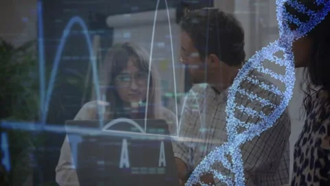 Animation of dna helix and graph over caucasian colleagues discussing report Stock Footage 326033749