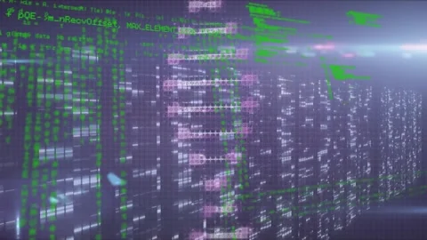 Animation of dna helix and programming language over bars against abstract Stock Footage 330291610