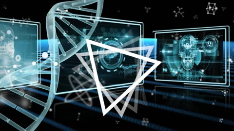 Animation of dna helix and rotating triangles over infographic interface over Stock Footage 315949844