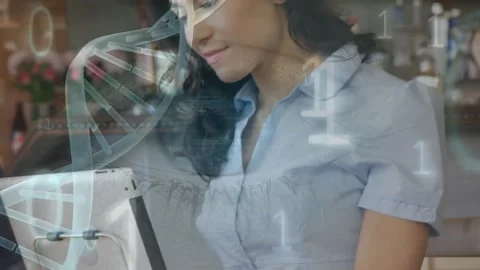 Animation of dna helix with binary codes and digital eye over woman working over Video stock 204709135