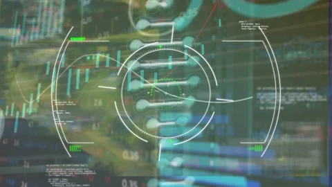 Animation of dna helix with circle, numbers and moving bar graph over Stock Footage 330167387