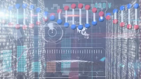 Animation of dna helix with circles, bar graph, globe and application icons Stock Footage 327447166