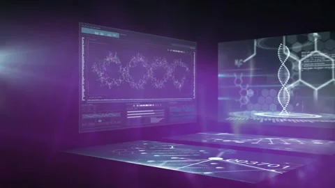 Animation of dna helix, computer language and molecule structures against lens Stock Footage 236437196