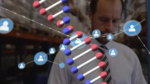 Animation of dna helix, connected profile icons over caucasian man writing in Stock Footage 329420924