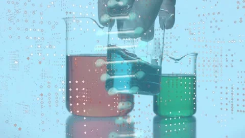 Animation of dna helix over abstract pattern against cropped hand holding liquid Stock Footage 329696847