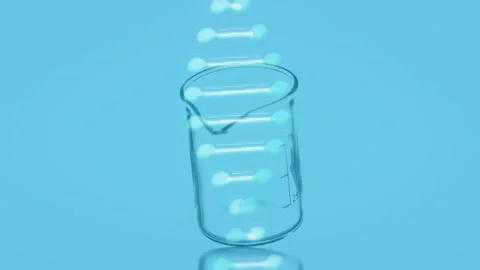 Animation of dna helix over empty beaker moving on table at laboratory Stock Footage 326627444