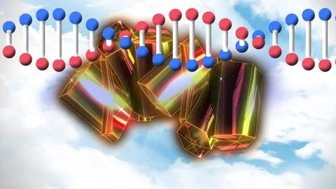 Animation of dna helix over glowing abstract pattern against moving cloudy sky Stock Footage 330586741