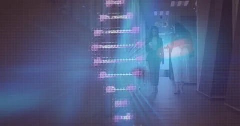 Animation of dna helix rotating over female colleagues with coffee cups talking Stock Footage 329413674