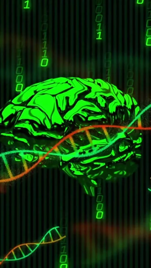 Animation of dna helixes, rotating digital human brain, falling binary codes 動画素材 343718833