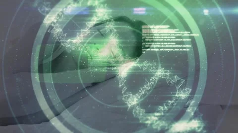 Animation of dna molecule, circles and computer programming language over space Stock Footage 329427496