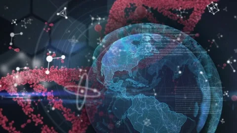 Animation of dna, molecule, globe and data processing on black background Stock Footage 327064044