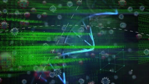 Animation of dna molecule with guilty text over floating cancer cells and Stock Footage 328974164