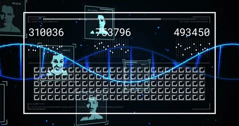 Animation of dna moving over interface with moving squares, profile pictures and Stock Footage 328506771