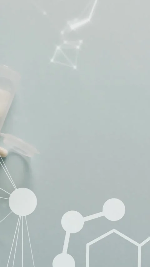 Animation of dna, networks and elements over pills on grey background Stock Footage 320444381