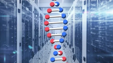 Animation of dna rotating and lights over servers Stock Footage 327844490