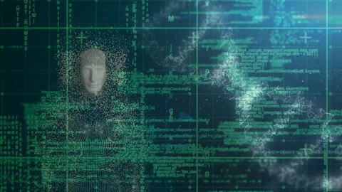 Animation of dna rotating over data processing, human head model on navy Stock Footage 328407172
