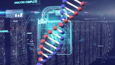 Animation of dna rotating over digital padlock and servers with motherboard and Stock Footage 325965541