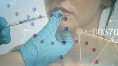 Animation of dna rotating over hands of doctor doing botox to caucasian woman Stock Footage 329412864