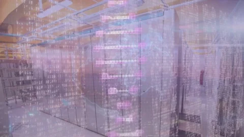 Animation of dna spinning and data processing against computer server room Vídeos de archivo 330338361