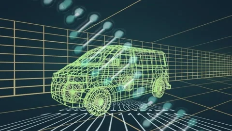 Animation of dna strand and binary coding over 3d drawing model of van and grid Stock Footage 165331017